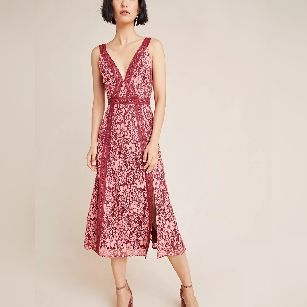 Anthropologie Keepsake Leticia Embroidered Lace Midi Dress plum color 8 wedding